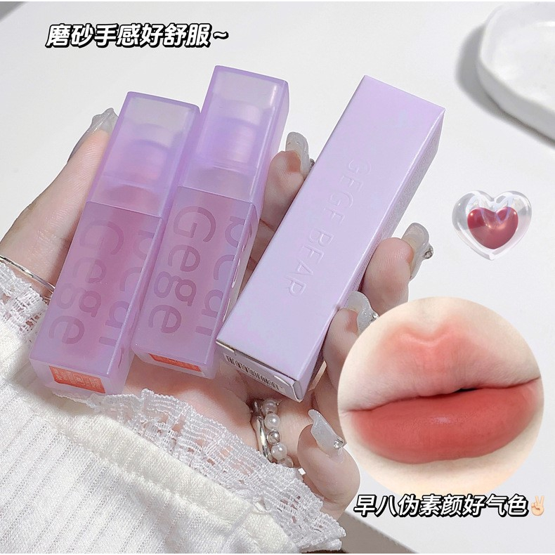 Son Kem Lì Gege Bear Vỏ Tím Pastel Nhung Lì Mềm Mịn Môi