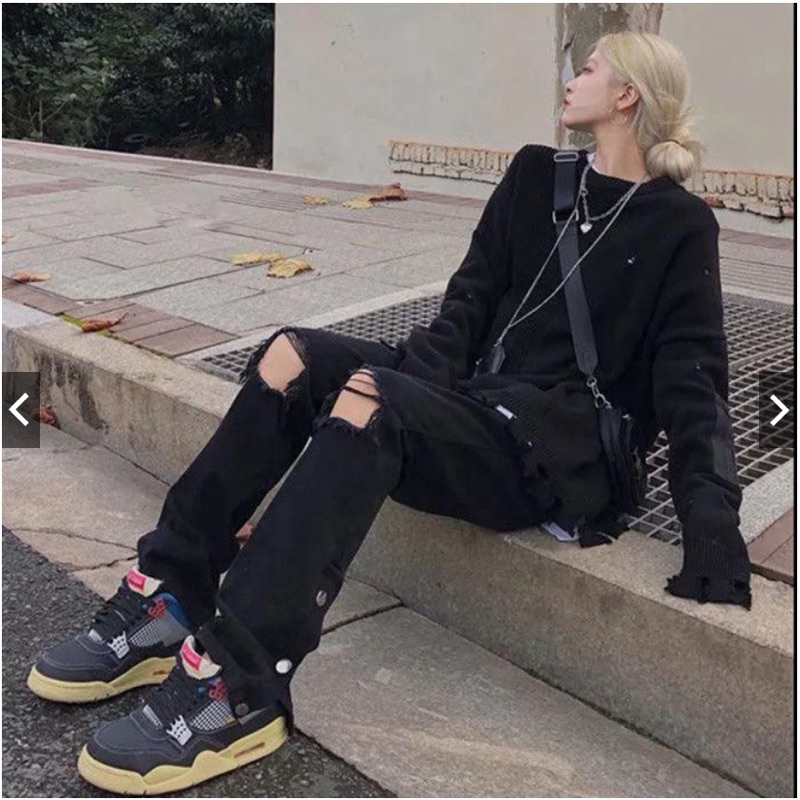 Huang YOYO Quần jeans dài rách gối thời trang cho nữ quần jean nữ