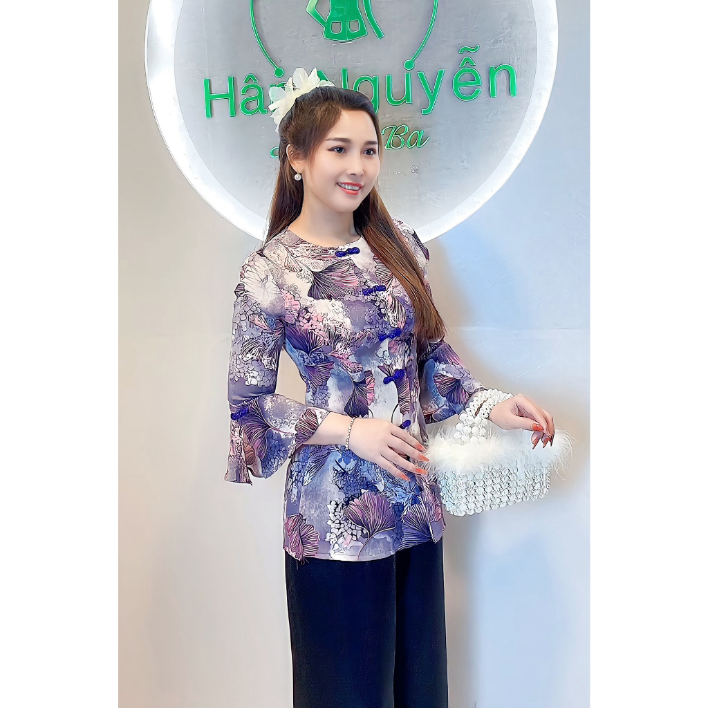 B.A55 Áo Bà Ba Tay Loe Dây Kéo Nút Bọc cổ tròn Kèm Quần - Hân Nguyễn Áo Bà Ba
