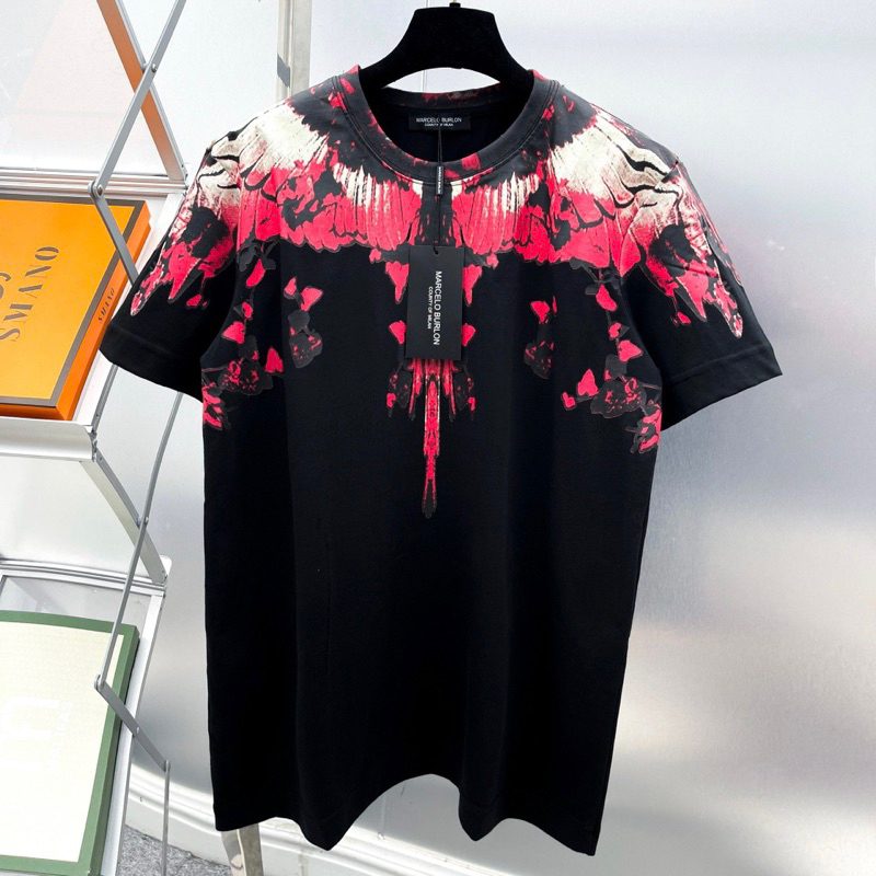 Áo phông nam nữ cổ tròn Burlon cotton in hình đôi cánh tia sét đỏ trắng tràn bo cổ hai mặt rẻ đẹp #Hot #2023