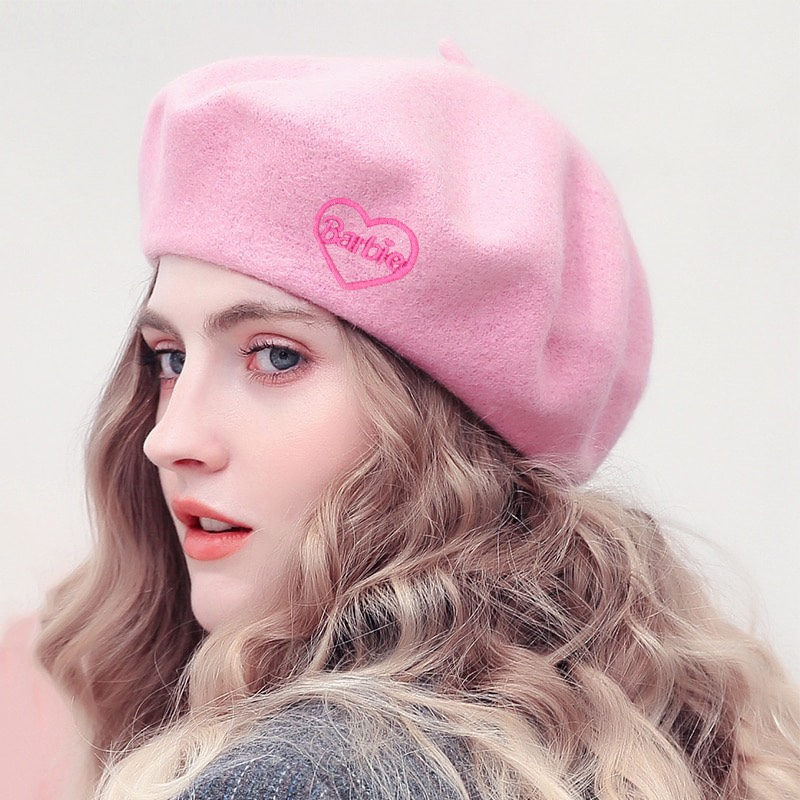 MŨ NÓN BERET DÁNG TRÒN BÁNH TIÊU TRƠN MÀU THÊU CHỮ BARBIE CUTE