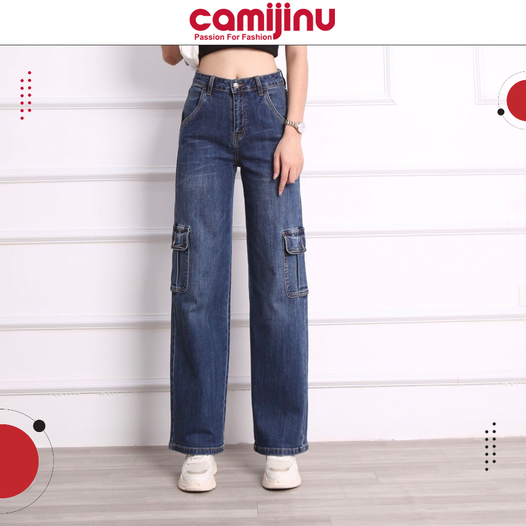 Quần Jeans Nữ Suông Túi Hộp, Dáng Dài Màu Xanh Đậm - Thương Hiệu Camijinu