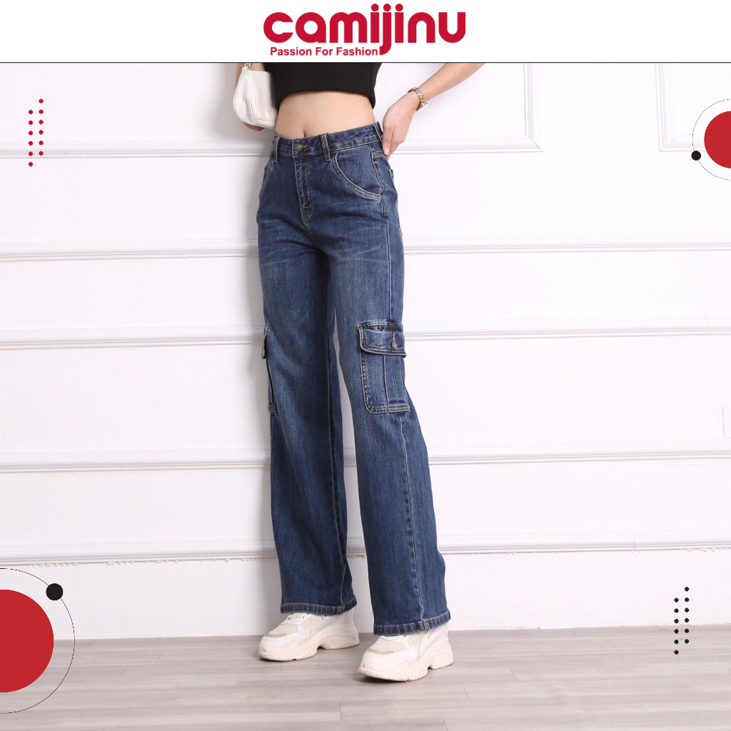 Quần Jeans Nữ Suông Túi Hộp, Dáng Dài Màu Xanh Đậm - Thương Hiệu Camijinu