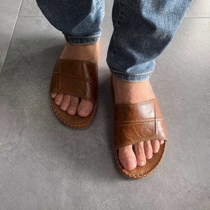 Dép Nam Quai Ngang, Dép Da Bò Thật, Đế Khâu Chắc Chắn