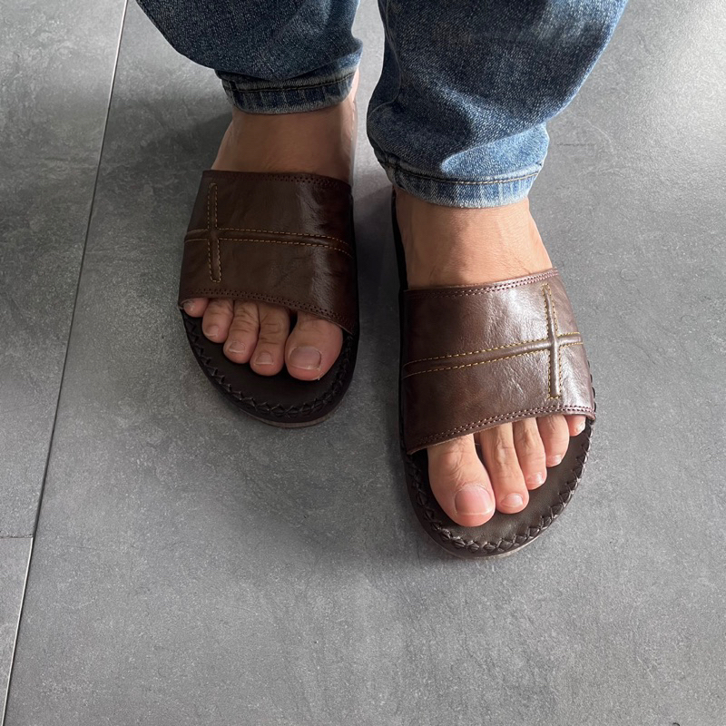 Dép Nam Quai Ngang, Dép Da Bò Thật, Đế Khâu Chắc Chắn