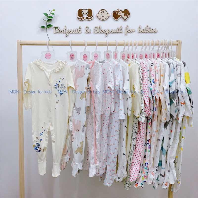 Sleepsuit KHÓA KÉO và CÚC BẤM bộ body dài tay liền tất hàng xuất dư cho bé yêu