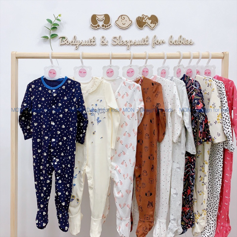 Sleepsuit KHÓA KÉO và CÚC BẤM bộ body dài tay liền tất hàng xuất dư cho bé yêu