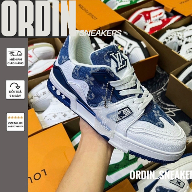 GIÀY LV TRAINER SNEAKER WHITE JEAN XANH BÒ SIGNATURE LAI AU [ BẢN BEST2023 ]