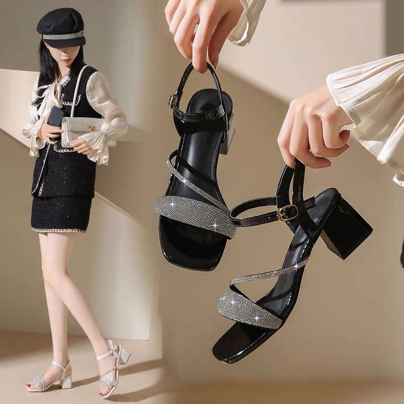 Sandal quai đá bản to lấp lánh siêu xinh gót vuông 5cm , đi êm ái thon chân, sang chảnh, lấp lánh cao cấp