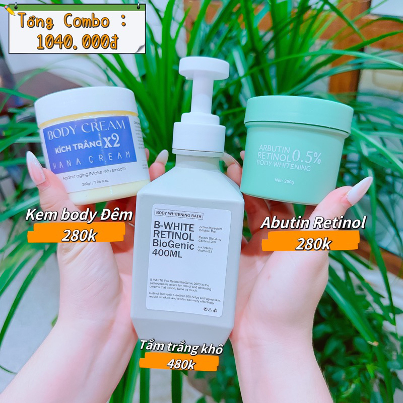 COMBO Trắng Da body Tắm trắng khô Bio Genic + Arbutin Retinol 0.5% + Kích trắng x2 200gr