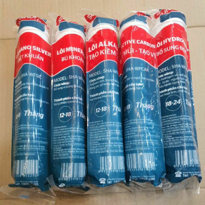 Bộ 5 Lõi Lọc chức năng 56789 Sunhouse |Chính hãng | Nano Siver,Alkanline,Mineral,Active Carbon,Hydrogen