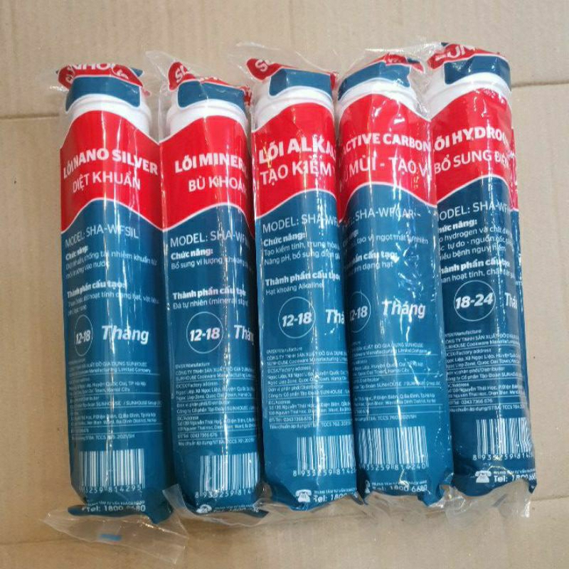 Bộ 5 Lõi Lọc chức năng 56789 Sunhouse |Chính hãng | Nano Siver,Alkanline,Mineral,Active Carbon,Hydrogen