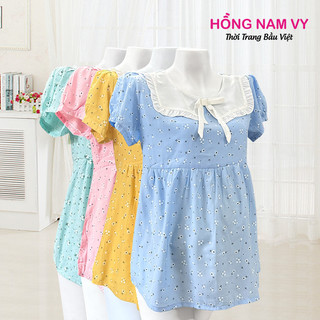 Áo bầu hoa nhí lụa tằm thái đẹp mịn mát