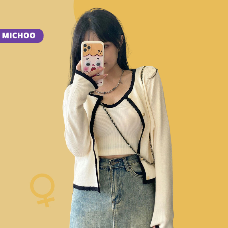 Set Áo Cardigan Dài Tay Cổ Tròn Kèm Áo Hai Dây Len Mỏng MICHOO 2 Màu Đen Trắng Basic Mùa Thu Thời Trang