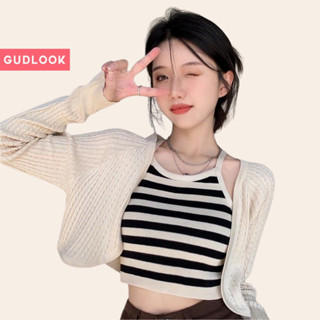 Set Croptop Cardigan Len Thừng Kèm Áo Hai Dây Kẻ GUDLOOK Mỏng Mặc Thu Đông 2 Màu Đen Trắng