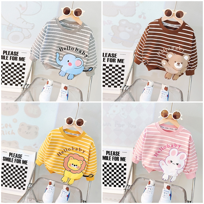 Áo dài tay thu đông kẻ sọc hình thú ngộ ngĩnh cho bé trai bé gái