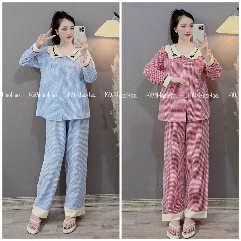 Bộ Pijama Mặc Nhà Cho Bầu Và Sau Sinh Chất Đũi Kẻ Cổ Sen Nơ