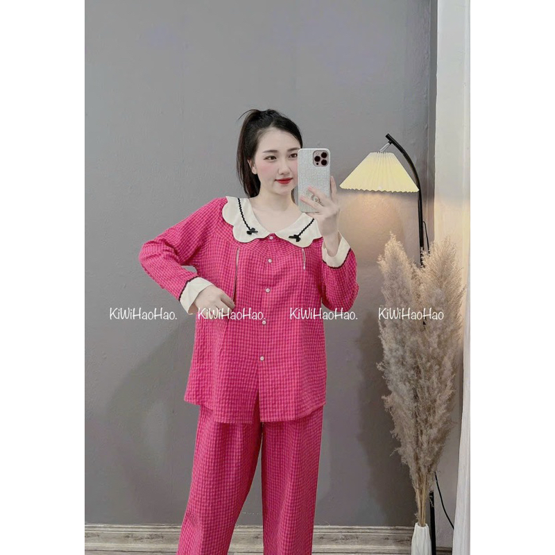 Bộ Pijama Mặc Nhà Cho Bầu Và Sau Sinh Chất Đũi Kẻ Cổ Sen Nơ