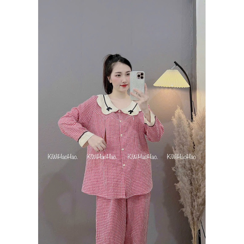 Bộ Pijama Mặc Nhà Cho Bầu Và Sau Sinh Chất Đũi Kẻ Cổ Sen Nơ