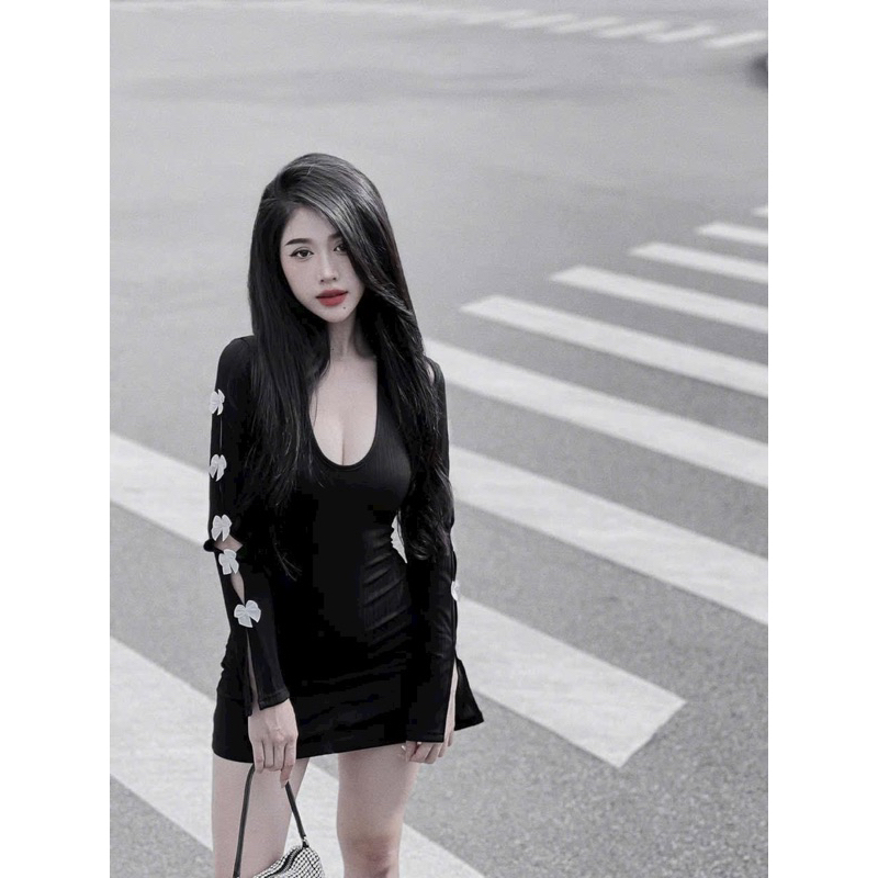 Đầm Body Cổ Yếm Dáng Ngắn Kèm Áo Khoen Tay Dài Phối Hoa Tay Hở Lưng Đầm Đi Tiệc Sexy Thun Tăm QC - Thời Trang Nữ Giá Rẻ