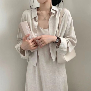😍 Set váy dây phối sơ mi dáng thụng che dáng phù hợp mọi độ tuổi cho nữ👍