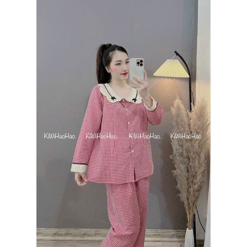 Bộ Pijama Mặc Nhà Cho Bầu Và Sau Sinh Chất Đũi Kẻ Cổ Sen Nơ