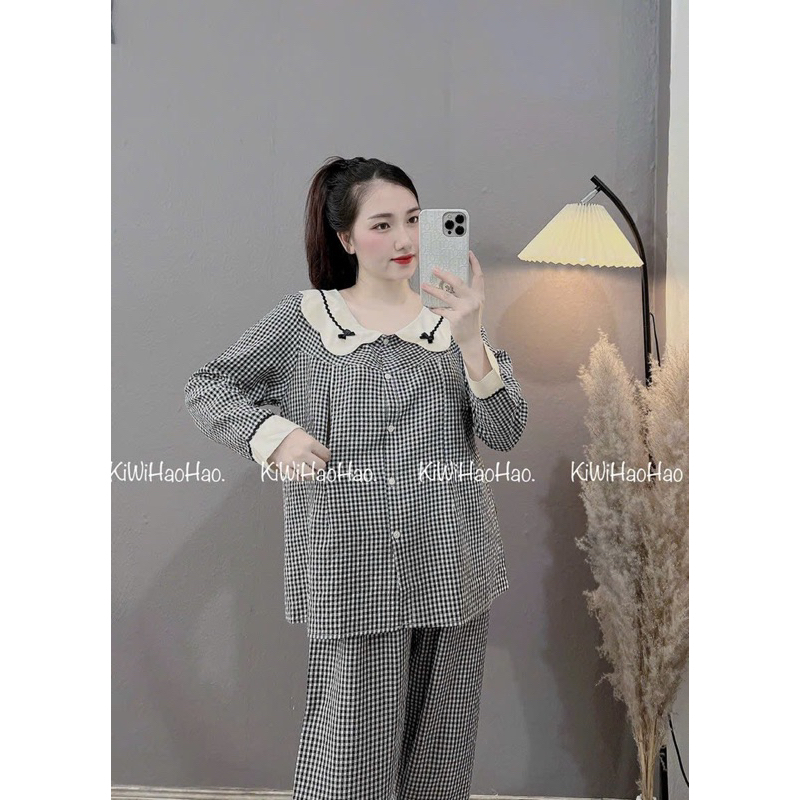 Bộ Pijama Mặc Nhà Cho Bầu Và Sau Sinh Chất Đũi Kẻ Cổ Sen Nơ