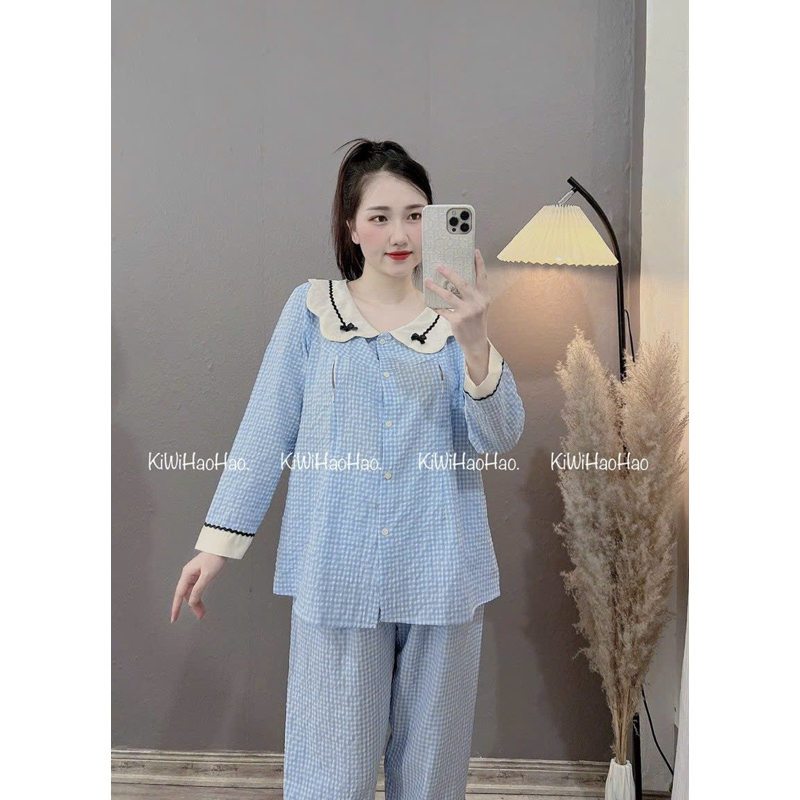 Bộ Pijama Mặc Nhà Cho Bầu Và Sau Sinh Chất Đũi Kẻ Cổ Sen Nơ