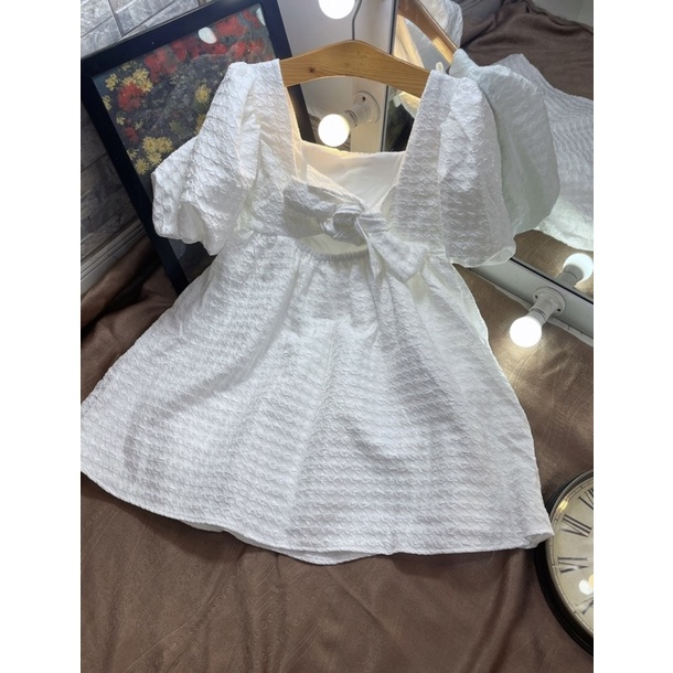 Đầm Babydoll Tay Phồng Cổ Vuông Nơ Lưng Gấm Xốp, Đầm Babydoll Nơ Hở Lưng Tiểu Thư, Váy Babaydoll Có Mút Ngực M18