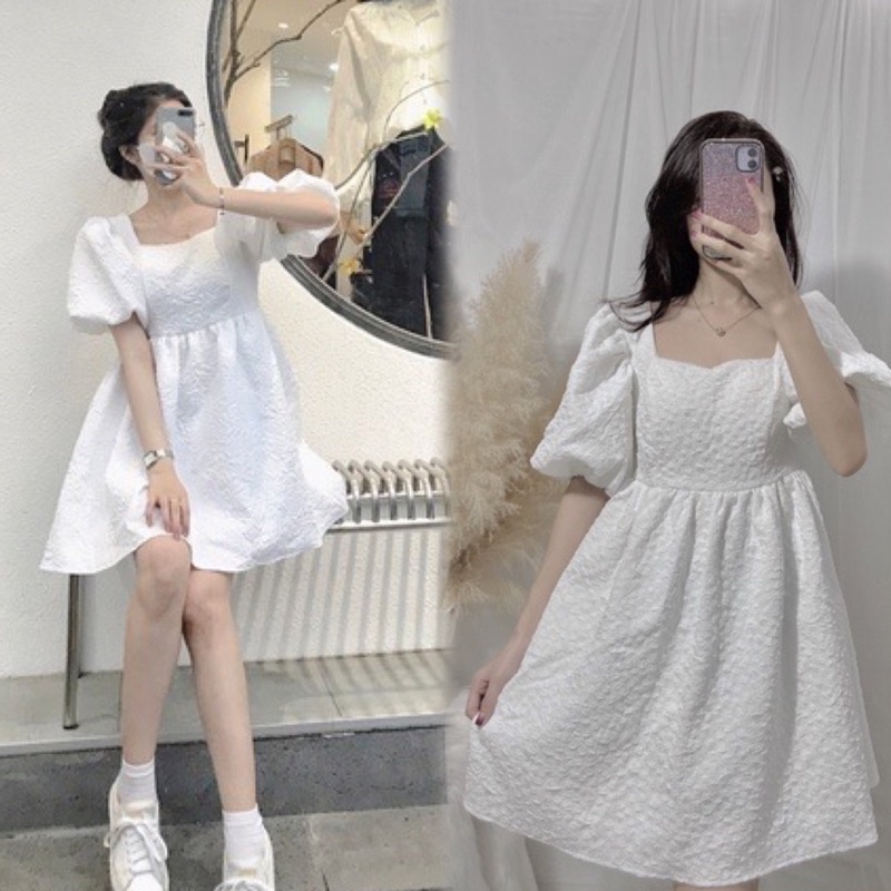 Đầm Babydoll Tay Phồng Cổ Vuông Nơ Lưng Gấm Xốp, Đầm Babydoll Nơ Hở Lưng Tiểu Thư, Váy Babaydoll Có Mút Ngực M18