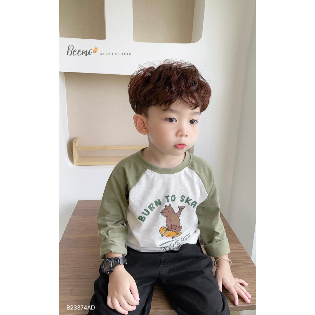 Áo phông cotton dài tay cổ tròn, tay phối zaclang in hình gấu Beemo cho bé