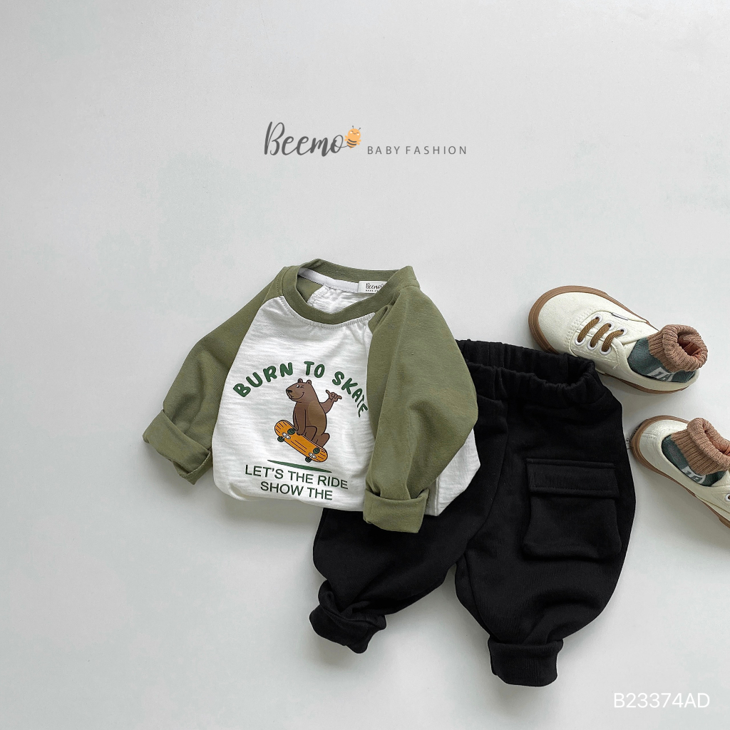 Áo phông cotton dài tay cổ tròn, tay phối zaclang in hình gấu Beemo cho bé