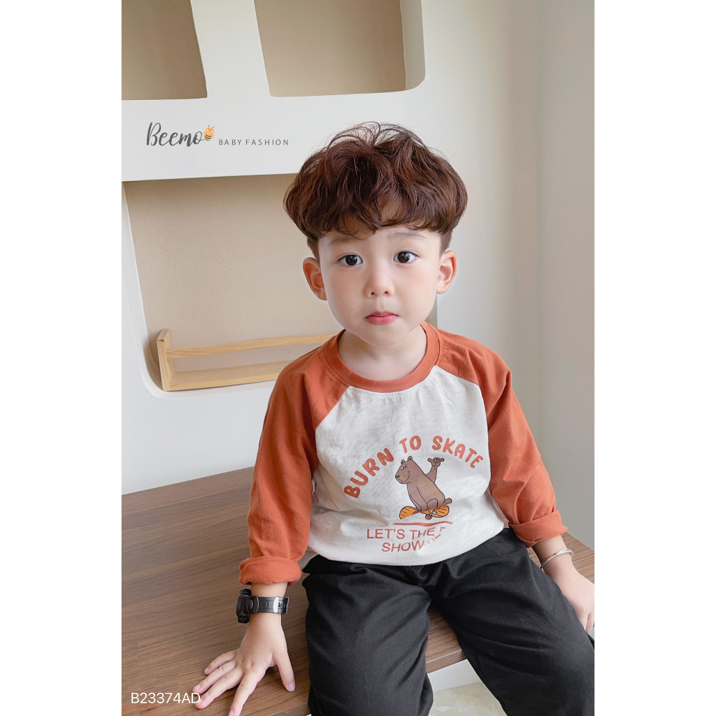 Áo phông cotton dài tay cổ tròn, tay phối zaclang in hình gấu Beemo cho bé