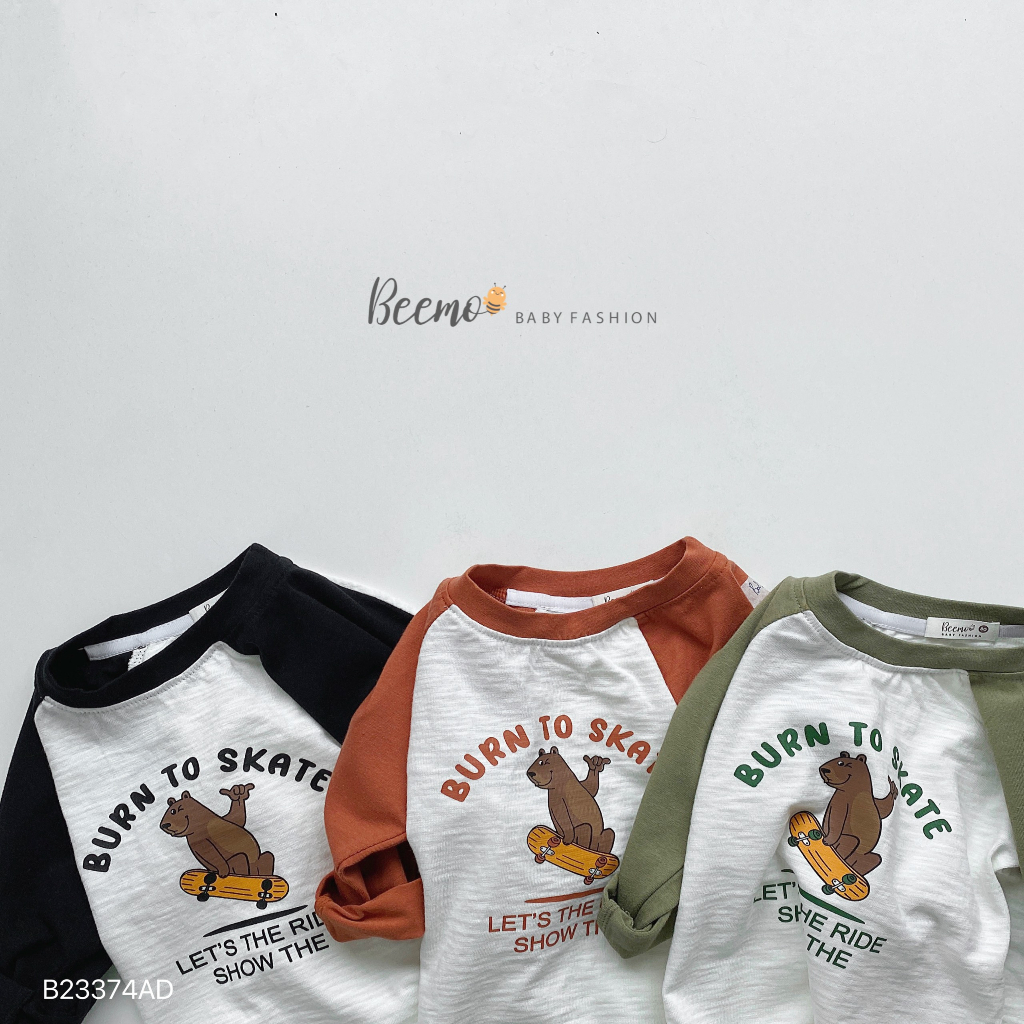 Áo phông cotton dài tay cổ tròn, tay phối zaclang in hình gấu Beemo cho bé