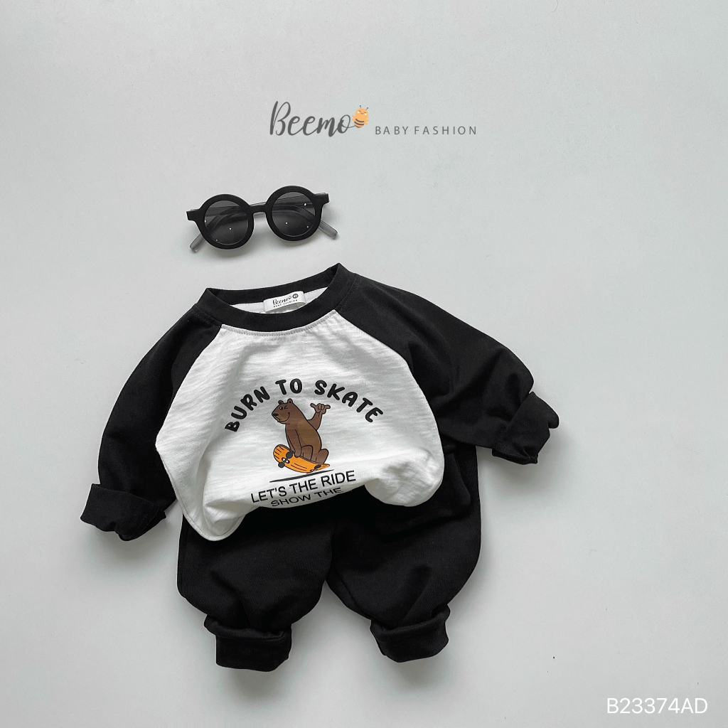 Áo phông cotton dài tay cổ tròn, tay phối zaclang in hình gấu Beemo cho bé
