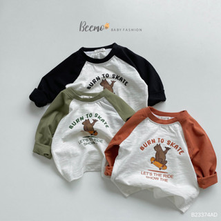 Áo phông cotton dài tay cổ tròn, tay phối zaclang in hình gấu Beemo cho bé
