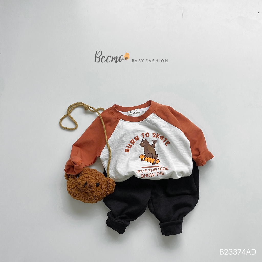 Áo phông cotton dài tay cổ tròn, tay phối zaclang in hình gấu Beemo cho bé
