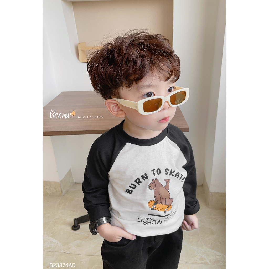 Áo phông cotton dài tay cổ tròn, tay phối zaclang in hình gấu Beemo cho bé