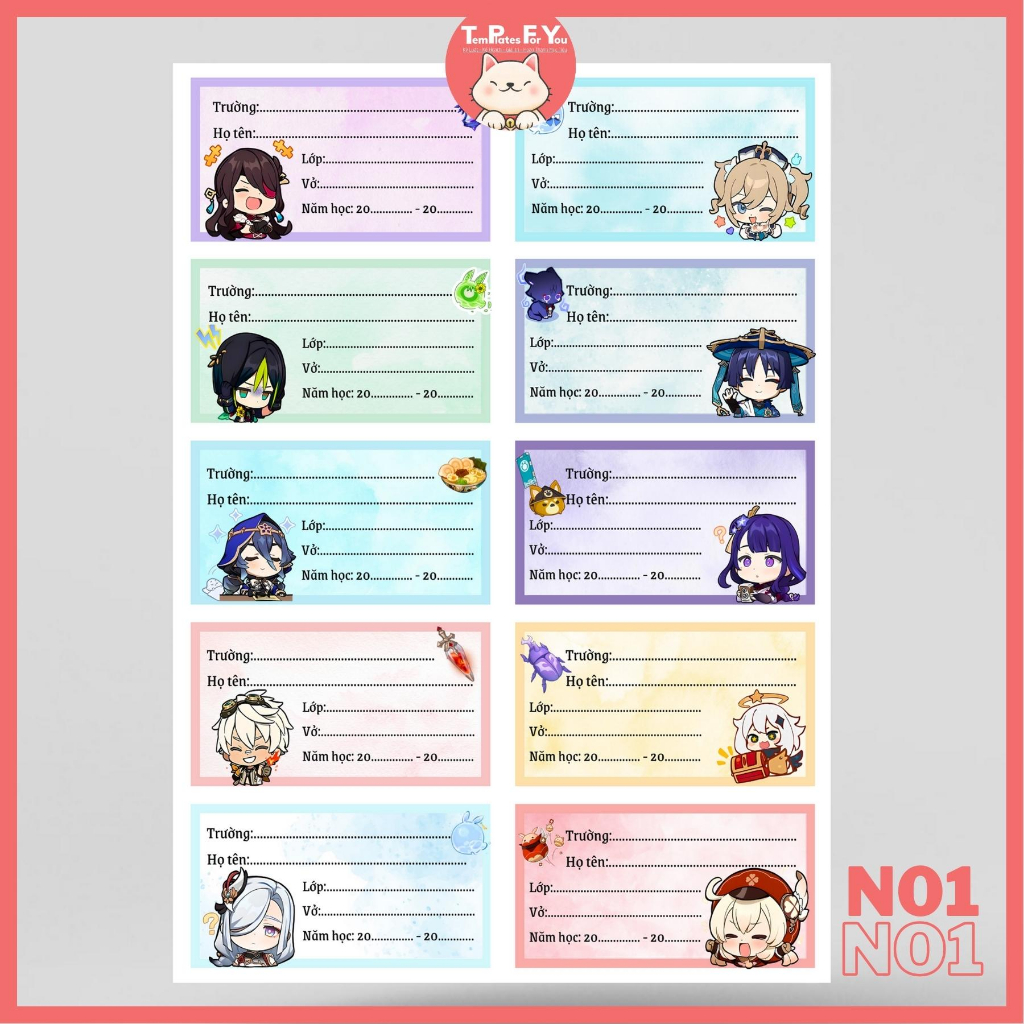 Nhãn vở in hình nhân vật Genshin Impact siêu dễ thương  – 1 mẫu 10 nhãn – Templates For You