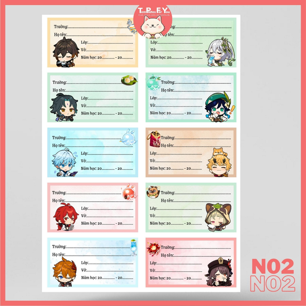 Nhãn vở in hình nhân vật Genshin Impact siêu dễ thương  – 1 mẫu 10 nhãn – Templates For You