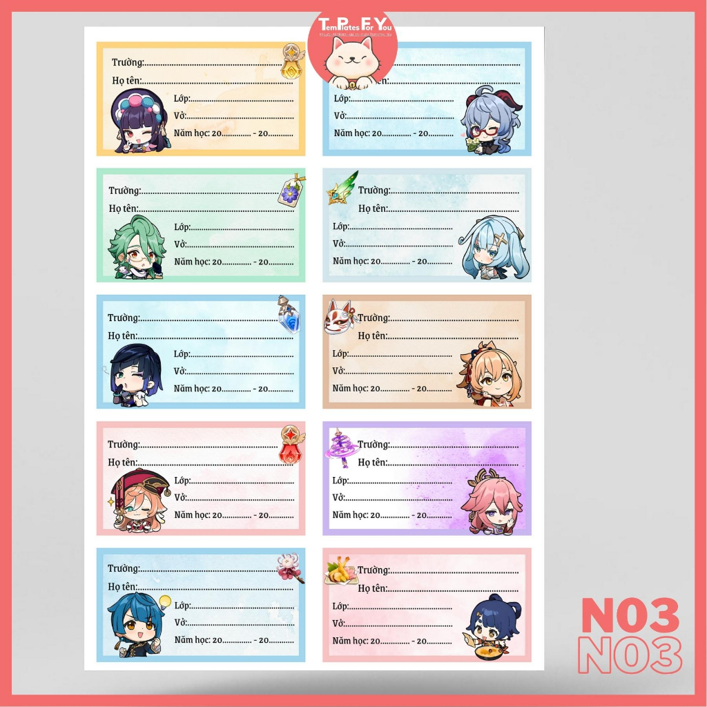 Nhãn vở in hình nhân vật Genshin Impact siêu dễ thương  – 1 mẫu 10 nhãn – Templates For You