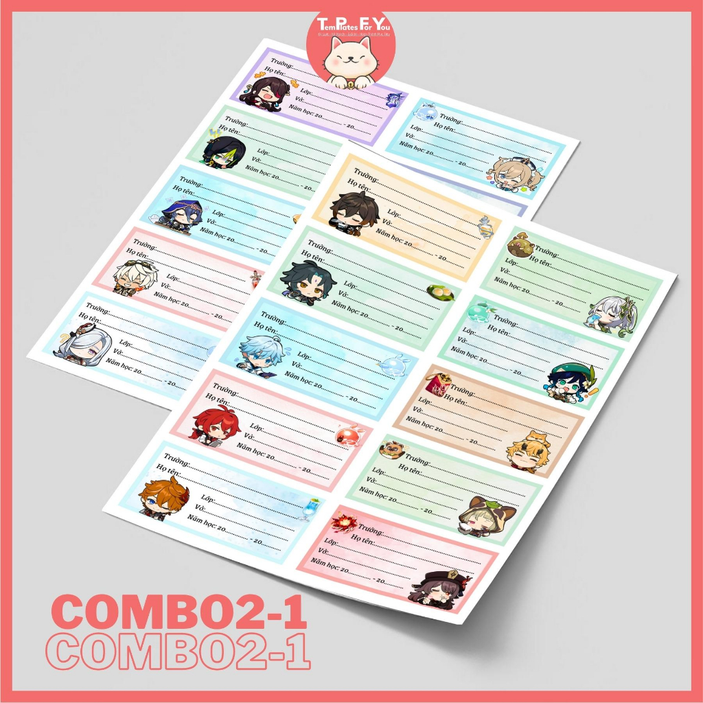 Nhãn vở in hình nhân vật Genshin Impact siêu dễ thương  – 1 mẫu 10 nhãn – Templates For You