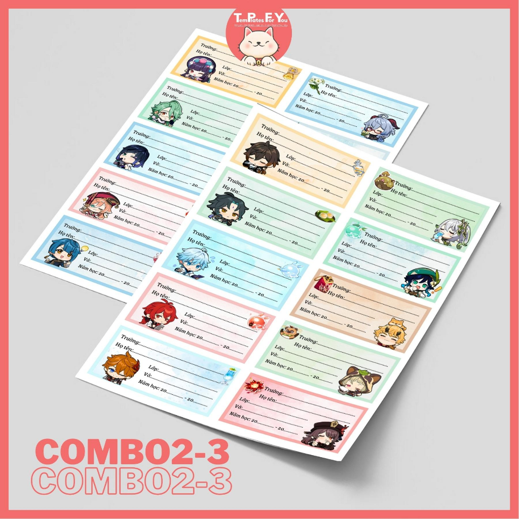 Nhãn vở in hình nhân vật Genshin Impact siêu dễ thương  – 1 mẫu 10 nhãn – Templates For You