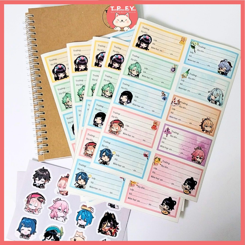 Nhãn vở in hình nhân vật Genshin Impact siêu dễ thương  – 1 mẫu 10 nhãn – Templates For You