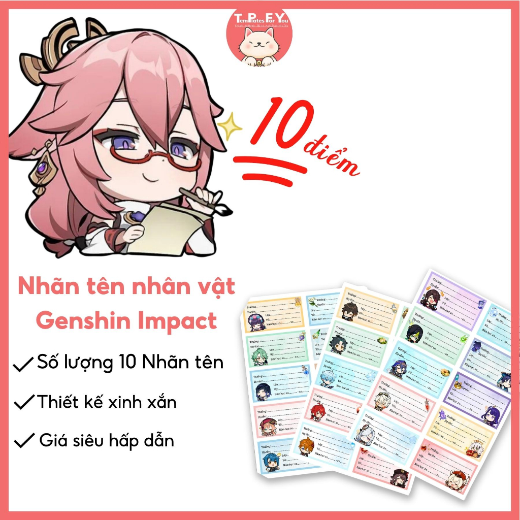 Nhãn vở in hình nhân vật Genshin Impact siêu dễ thương  – 1 mẫu 10 nhãn – Templates For You