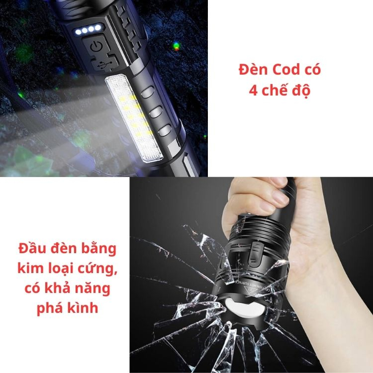 Đèn pin A76 pin 18650 tích hợp, led laser sáng xa và gom, sạc type C