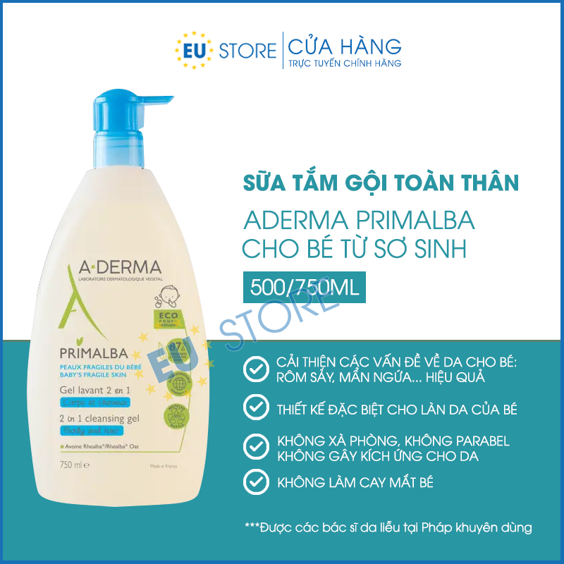 Sữa tắm gội Aderma cho bé sơ sinh 500ml & 750ml dưỡng ẩm, giảm rôm sảy, v.iêm da cơ địa