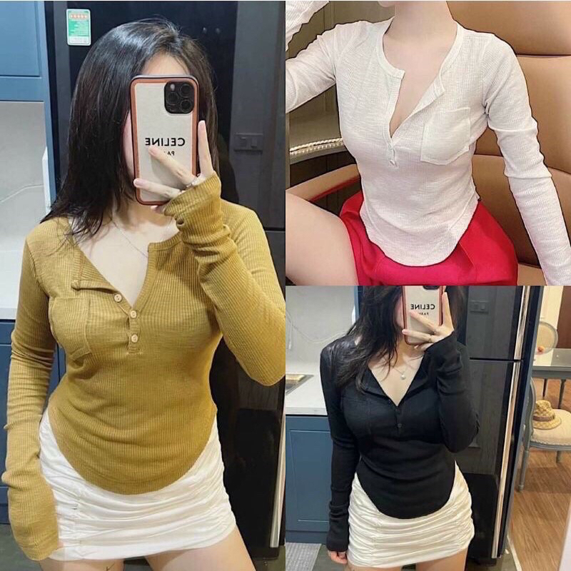 Áo thun gân dài tay có túi, Áo Phông Trơn Dáng Ôm Dài Tay Túi Trước, Áo Thun Body Nữ Khuy Ngực