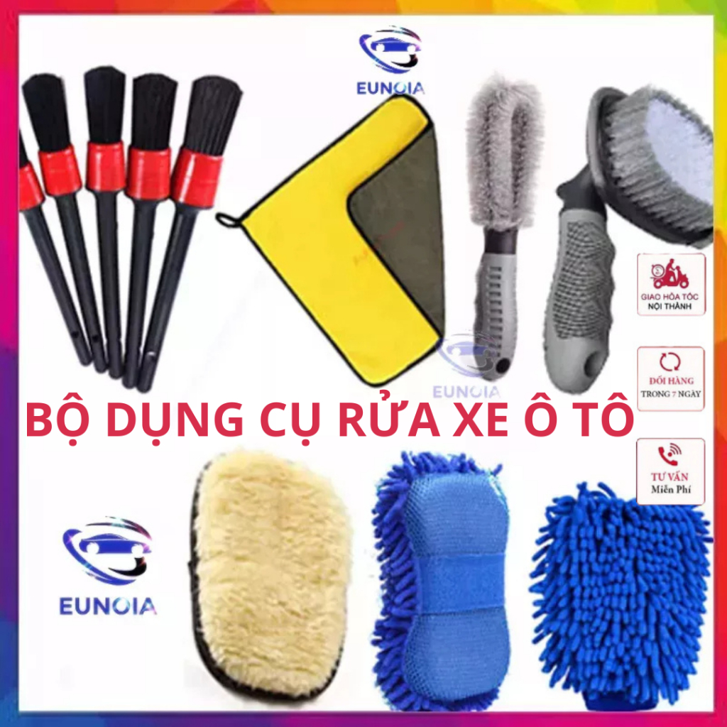 Dụng Cụ Rửa Ô Tô Xe Máy Nhiều Món Găng Tay, Bộ 5 Cọ Rửa, Mút, Bàn Chải, khăn lau - Phụ Kiện Vệ Sinh Cọ Rửa Xe Hơi