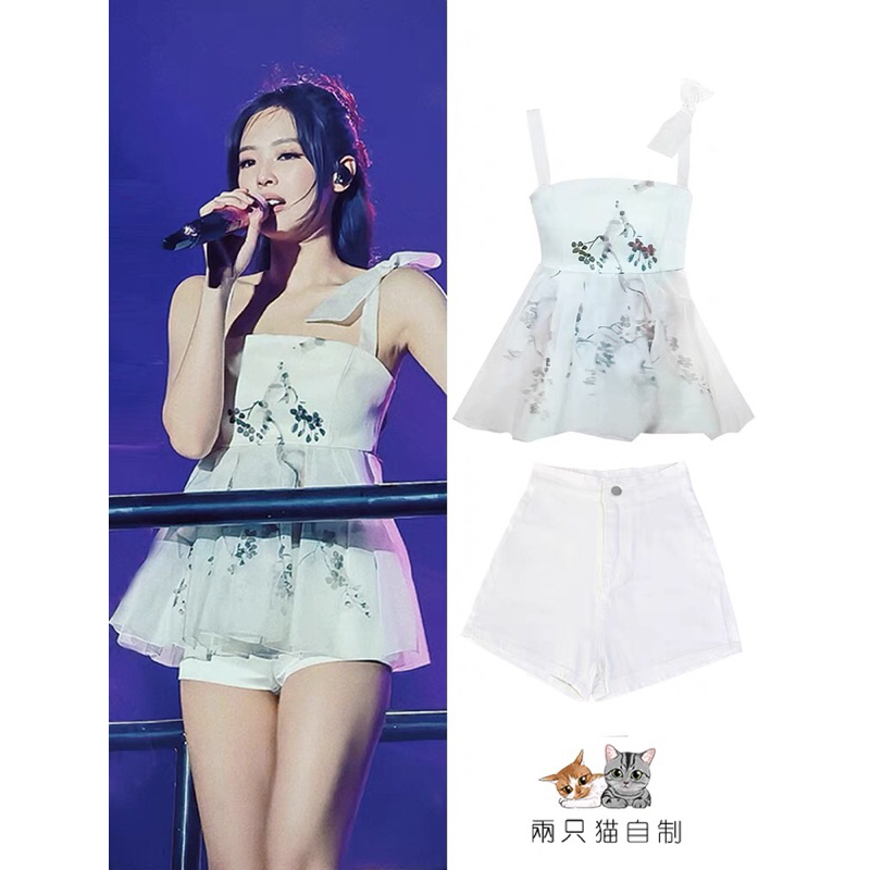 Set áo baby doll hai dây Jennie + quần short ngắn trắng